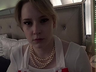 Blonde housewife in a dress gets her shaved pussy pounded missionary