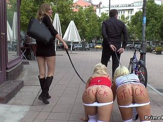 Large-Breasted blond hair ladies pissing on the street